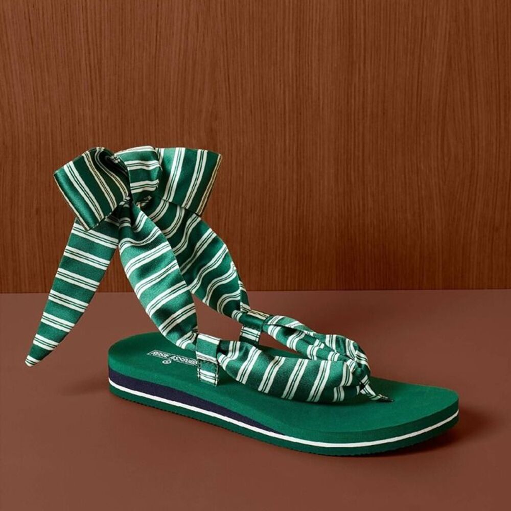 Rosie Assoulin Striped Flat Sandals Bow Tie Ankle Strap Green Womens size 10 NEW